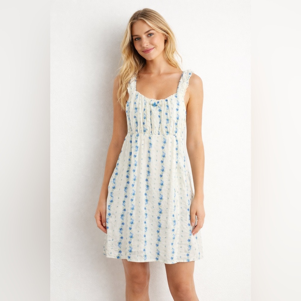 Pink Rose Floral Milkmaid Sundress Blue White Cottagecore Mini Dress Size Large